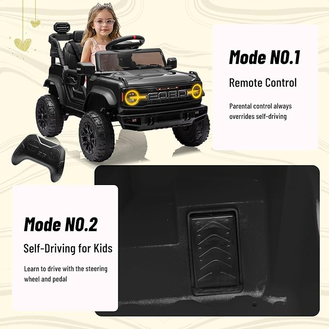 12V Ride on Toy for Kids, Ford Bronco Raptor Kids Electric Car with Parent Remote Control, Battery Powered Truck Car with 4-Wheel Suspension, LED Light, Bluetooth, 3 Speeds (12V, Black)
