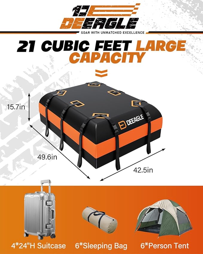 DEEAGLE Rooftop Cargo Carrier 21 Cubic Feet – Car Roof Cargo Bag for Vehicles Without Roof Rack – Waterproof Soft Car Top Carrier with Non-Slip Mat, 4 Door Hooks & 10 Reinforced Straps
