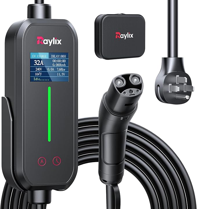 Raylix 32A Level 2 Fast Charger for Tesla, Adjustable Current, Delay Charge, Smart Display, 7.68KW Mobile/Home Charger for Tesla, 21ft Cable, Connector for Model X/Y/3/S/Cybertruck, NEMA 14-50 Plug