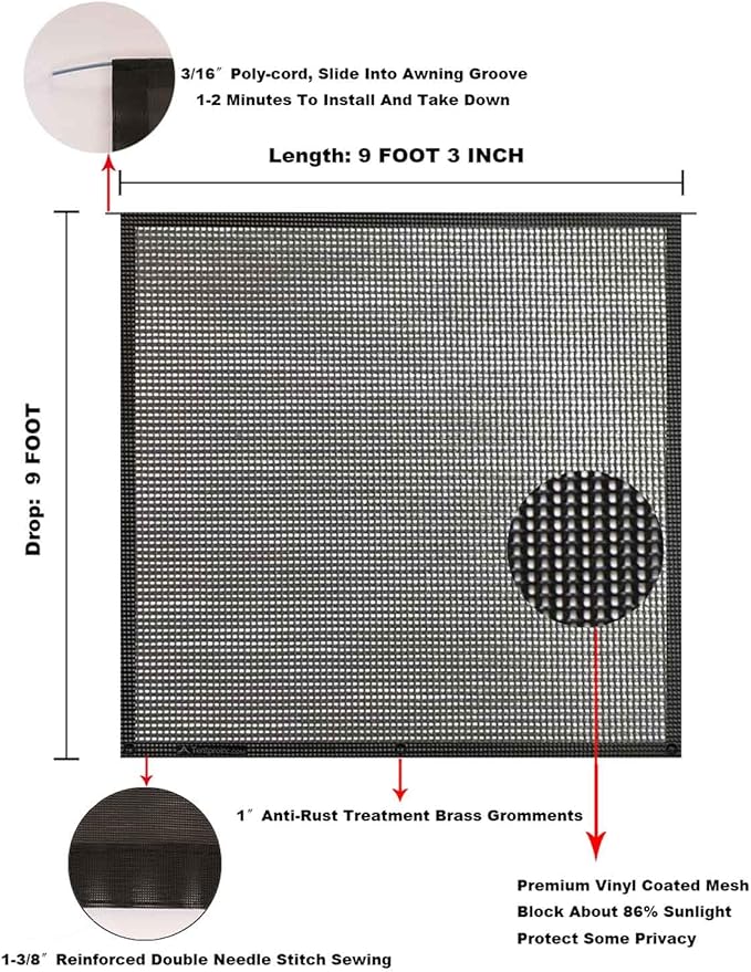 Tentproinc RV Awning Sun Shade Screen 9' X 9' 3'' (Fit for 10' Awning) Mesh Sunshade UV Blocker Motorhome Camping Trailer Awning Sunscreen Shadescreen - 3 Year Warranty (Black)