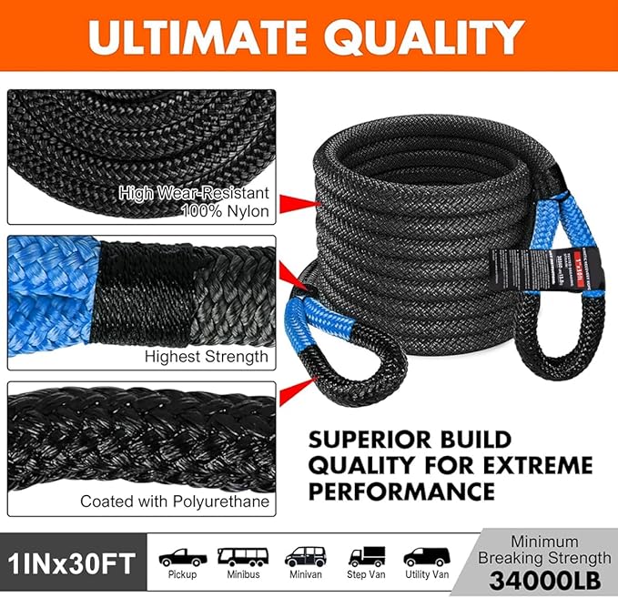 RUGCEL Kinetic Recovery Rope Tow Rope - 34000 lbs Strength, 1" x 30ft, with Heavy-Duty Gloves, Soft Shackle & Snatch Block - Ideal for Car, Truck, SUV, UTV, ATV & Tractor - Black Tow Straps