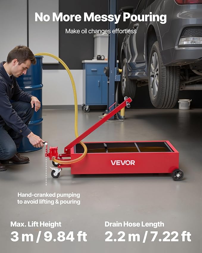 VEVOR Low Profile Oil Drain Pan, 20 Gallon Capacity, Rolling Oil Drain Pan with Manual Pump, 7.2 ft Hose & T Folding Handle, Leak-Proof & Corrosion-Resistant, Fit for Cars, SUVs, Trucks, ATVs, Red
