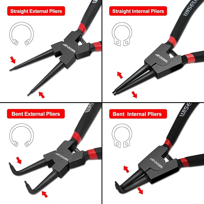WISEUP Snap Ring Pliers Set Heavy Duty,4PCS-9 inch long Internal/External Circlip Pliers Kit,Straight/Bent Jaw Tips C-Clip for Ring Remover Retaining (9 inch Circlip Pliers, 4 pcs)