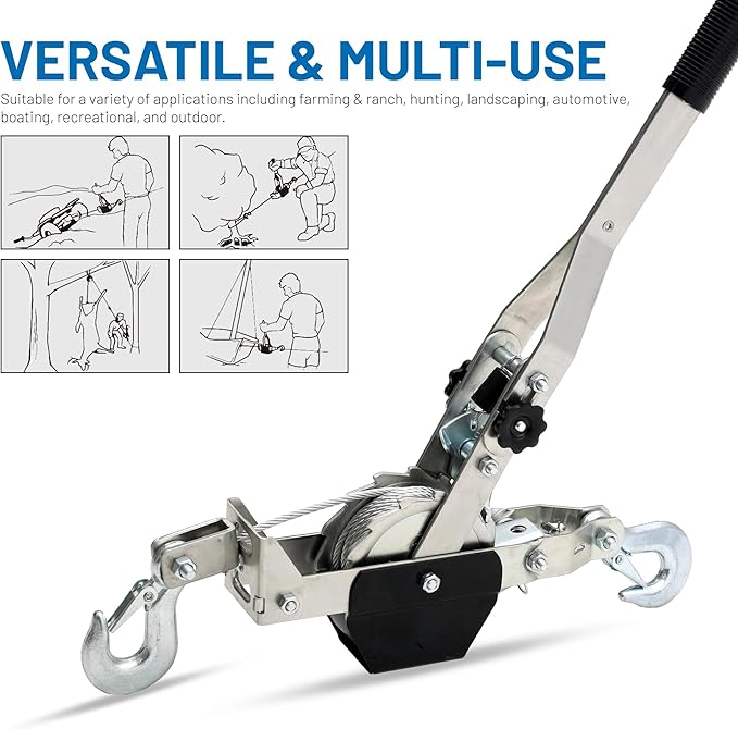 POLESTAR Come Along Winch, 1500 lbs Pull Capacity, 15 ft Steel Cable Hand Winch with 2 Hooks, Heavy Duty Dual Ratchet Cable Winch Puller, Automotive Towing Hoist Puller for Recovery, Moving, Securing