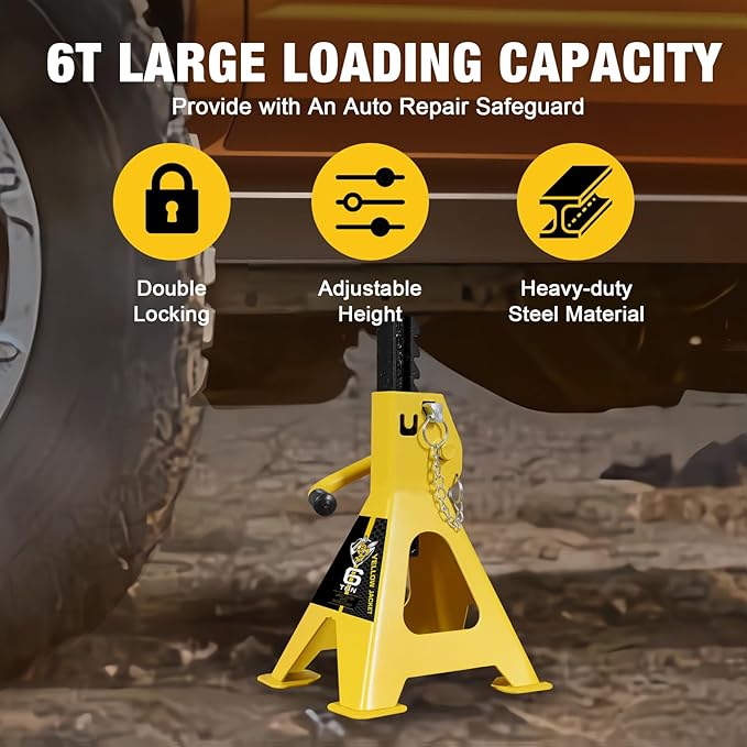 YELLOW JACKET Jack Stands 6 Ton with Double Locking and Large Foot Base for Lifting SUVS, Heavy Duty Steel, 13000 lb Capacity, 1 Pair, Yellow