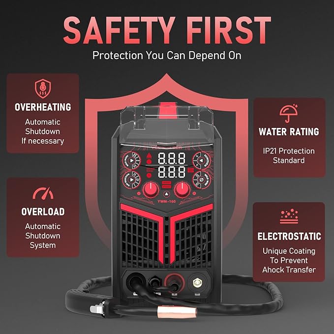 YESWELDER YWM-160 MIG Welder, 4-in-1 Flux Core/MIG/Lift TIG/Stick, Synergic Control 110V/220V 160A Multiprocess Welding Machine & LYG-L600A Auto Darkening Blue Light Blocking Welding Helmet