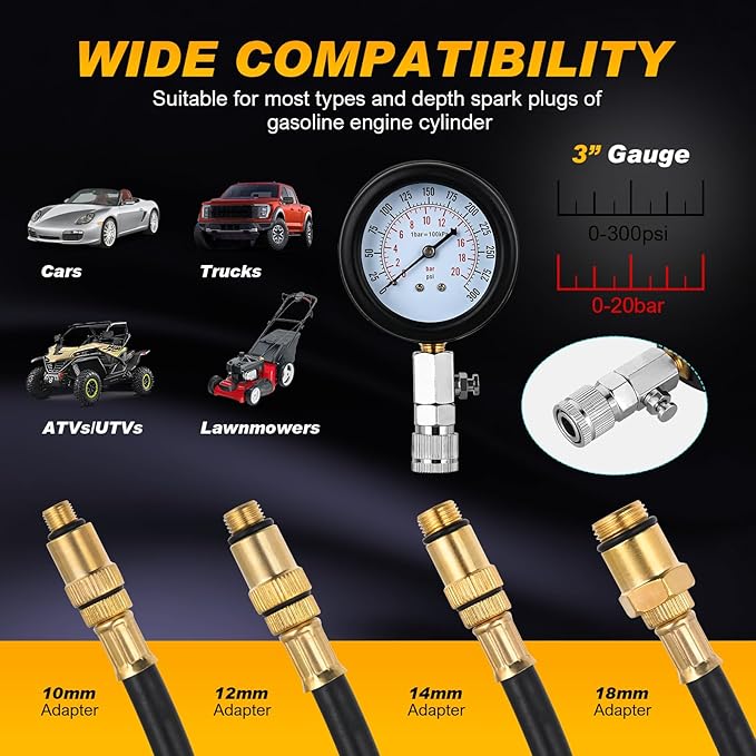 Nilight Compression Tester Kit, 8PCS Petrol Gas Engine Cylinder Pressure Gauge 0-300 PSI Automotive Tool for Cars Trucks Motorcycles