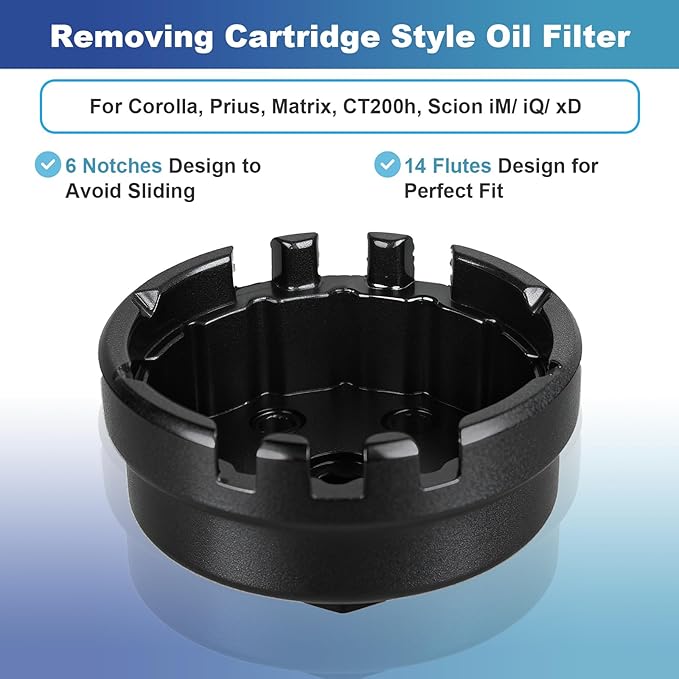 Professional 6 Slots 14 Flutes Oil Filter Wrench for Toyota, 64mm Oil Filter Removal Tool Socket, Oil Filter Cap Wrench for Corolla, Prius, Prius Prime/V, Matrix, CT200h, Scion iM/iQ/xD 1.8L Engine
