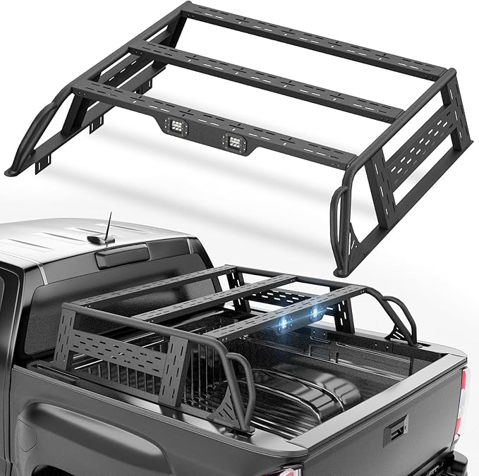13.8" High Overland Bed Racks Truck Cargo Carrier Compatible with 2015-2022 Chevrolet Colorado & GMC Canyon with 2 LED Lights and Bed Rails, Full-Size Truck Rear Ladder Rack Back Cross Bars