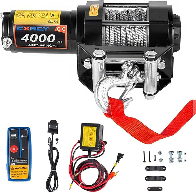 CXRCY 12V 4000 lbs Electric Winch Kits with 3/16"(4.7mm) Diameter x 32.8'(10m) Length Steel Rope ATV/UTV Winch for Towing Off Road Trailer with Wireless Remote Control and Mounting Bracket