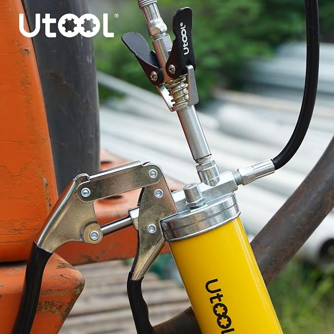 UTOOL Grease Gun, 8000 PSI Heavy Duty Pistol Grip Grease Gun Kit with 14 oz Capacity, 18 Inch Resin Flex Hose, 1 Patented Double Handle Coupler, 1 Basic Coupler
