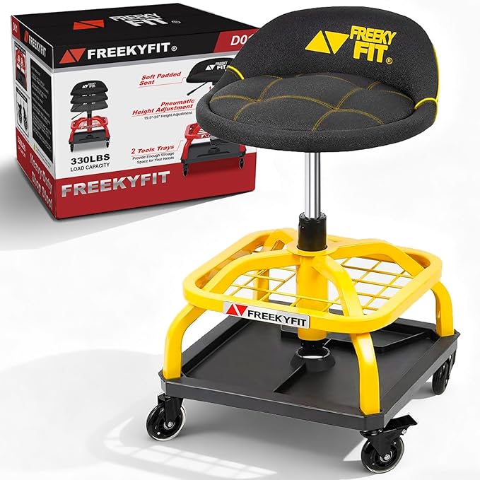 Rolling Shop Stool with Wheels, Garage Work Mechanic Stool with Backrest, Roller Mechanic Chair, Adjustable Height, 360° Swivel, Tool Tray Storage, 330 LBS Capacity, Heavy Duty, Yellow