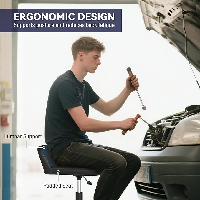 HOMCOM Rolling Mechanic Stool, 300 LBS Capacity Pneumatic Creeper Garage Stool with 360° Wheels, Backrest, Heavy Duty Roller Seat Padded Shop Chair with Tool Tray Storage, Adjustable Height (Blue)