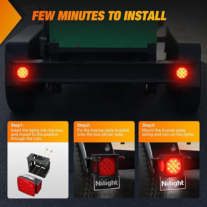 Nilight LED Trailer Light Kit 2 PCS Square Stop Turn Tail Side Marker Lights Steel Mounting Box License Plate Bracket Submersible IP68 For 12V Utility Boat Camper RV Truck