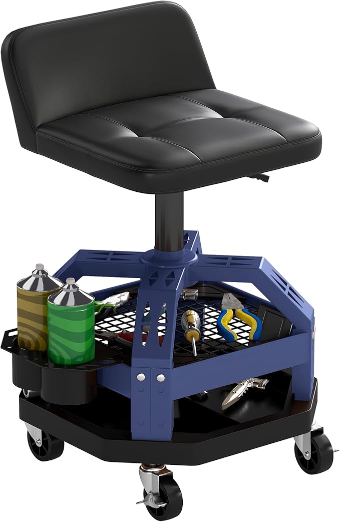 HOMCOM Rolling Mechanic Stool, 300 LBS Capacity Pneumatic Creeper Garage Stool with 360° Wheels, Backrest, Heavy Duty Roller Seat Padded Shop Chair with Tool Tray Storage, Adjustable Height (Blue)