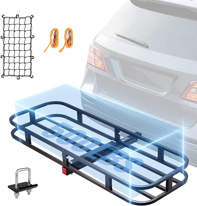 VEVOR 53 x 19 5 in Hitch Cargo Carrier, 500lb Capacity Trailer Mount Basket, Steel Luggage Carrier Rack Fits 2'' Receiver for SUV Truck Pickup with Net, Stabilizer, Straps, Black