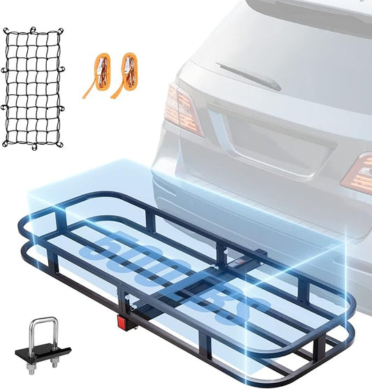 VEVOR 53 x 19 5 in Hitch Cargo Carrier, 500lb Capacity Trailer Mount Basket, Steel Luggage Carrier Rack Fits 2'' Receiver for SUV Truck Pickup with Net, Stabilizer, Straps, Black