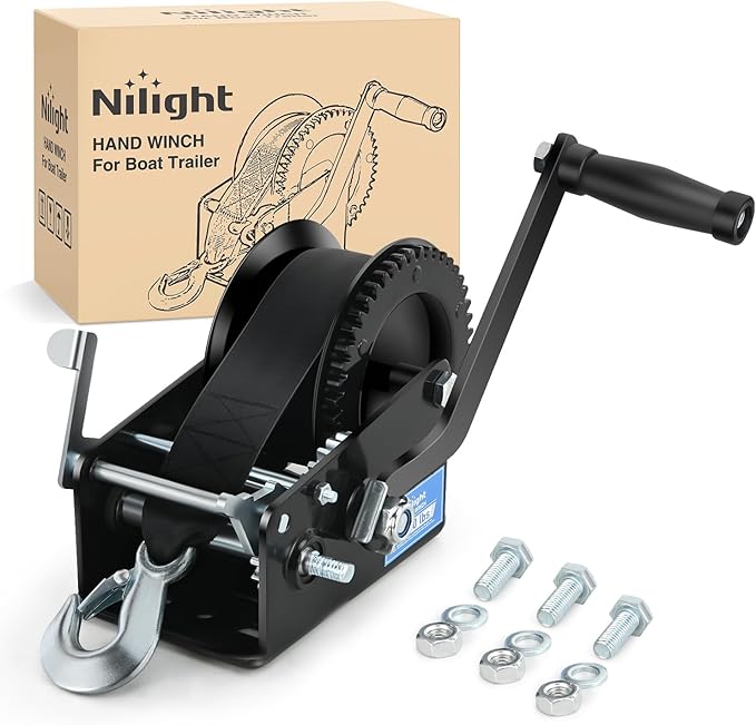 Nilight Boat Trailer Winch 3500 Lbs Hand Crank Winch Heavy Duty Boat Winches with 33Ft Strap Rope Hook Two Way Ratchet 4:1 8:1 Gear Portable Marine Manual Winch for Trailers Boat RV ATV Jet Ski Towing