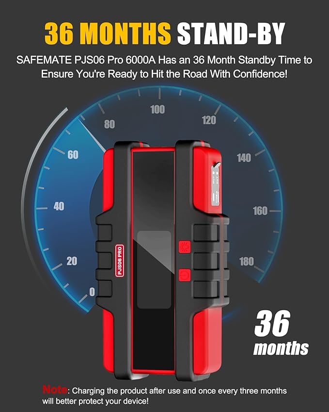 PJS06 Pro 6000A Car Jump Starter (All Gas & 12L Diesel), 74Wh Portable Power Bank with 40W Fast Charge, Smart LCD Voltage Display, Large Screen Warning Light, 10-Safety Protections