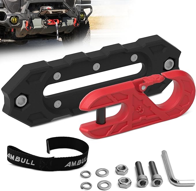 Towing Winch Fairleads with Tow Hook, Upgrade Al Hawse Fairlead with G80 Heavy Duty Forged Steel Winch Hook for Electric Winch, 33000lb Break Strength, for Synthetic Rope Recorvery, BlackRed