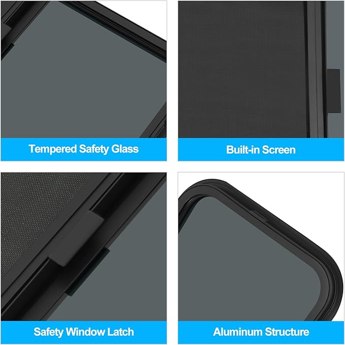 24" W x 36" H RV Window Vertical Sliding, DOT Certified - Shatterproof Tempered Tinted Glass, with Net Screen and Trim Ring, Teardrop Replacement Trailer Camper Window