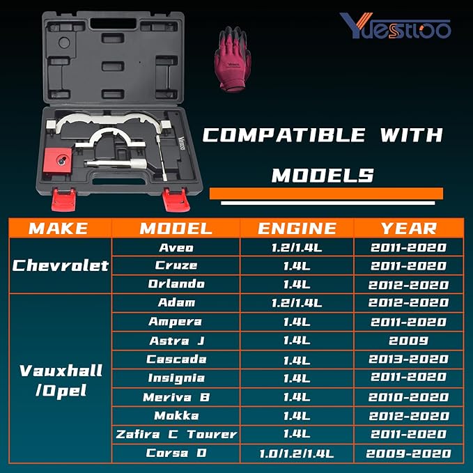 Turbo Engine Timing Tool Kit for Vauxhall Opel Chevy Chevrolet Aveo Cruze Orlando Adam Ampera Astra J Cascada 1.0 1.2 1.4 L, Camshaft Holding Locking Tool Set with Gloves