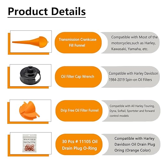 Oil Change Kit Compatible with Harley, Filter Cap Wrench, Crankcase Fill Tool, Primary Case Oil Funnel, Drip-Free Oil Filter Tool, 30Pcs Drain Plug O-Rings