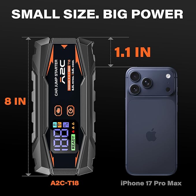 A2C Car Jump Starter, 12V Lithium Battery Booster Box, 16800mAh Portable Power Bank Pack Charger, for 6L Gas or 3L Diesel Truck, RV, Pickup