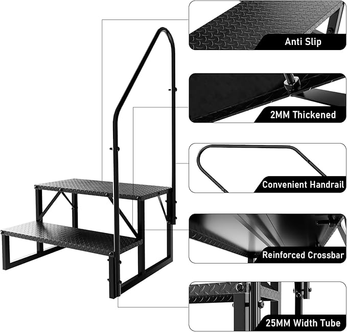 RV Steps with Handrail, 2 Step RV Stairs 660 lbs Load Capacity, Step Ladder with Anti-Slip Panel, Mobile Home Stairs for Travel Trailers