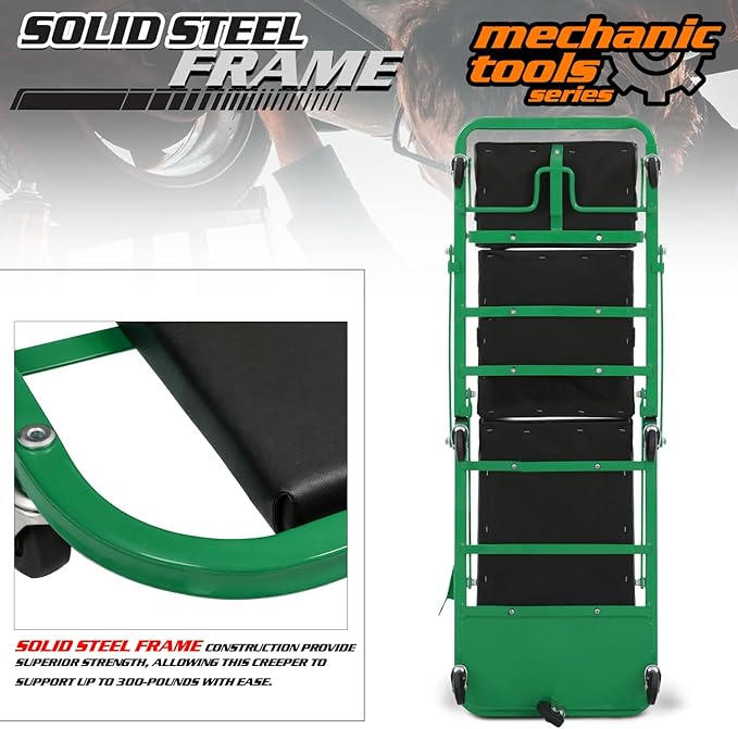 M-AUTO Heavy-Duty Convertible Mechanic Creeper, 48" Padded Adjustable Headrest Roller Garage Chair with 7 Swivel Casters for Washing, Detailing, Maintenance, Green