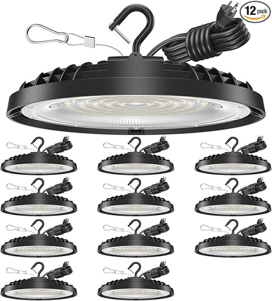 150W UFO LED High Bay Light, 21,000LM LED Shop Lights Fixture, 5000K, Replace 600W Halogen, 120VAC, Plug & Play Lighting for Warehouses, Workshops, Garages, and Barns – ETL Listed, 12 Pack
