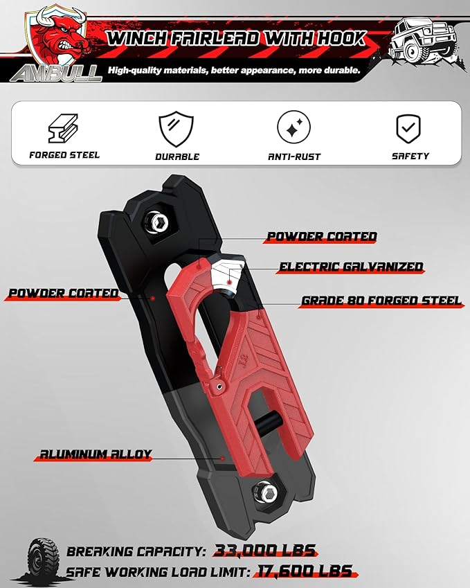 Winch Fairlead with Tow Hook, Aluminum Hawse Fairlead with Grade 80 Forged Steel Winch Hook, 33000lb Break Strength Winch Fairlead Hook Set for Off-Road Vehicle Recovery, BlackRed