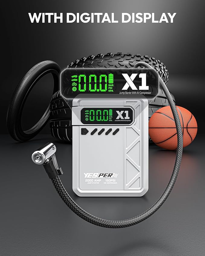 YESPER Jump Starter with Air Compressor 2000A 150PSI Battery Jumper Starter Portable(8L Gas/6L Diesel), 12V Car Jump Pack Battery Charger Jump Box with Jumper Cables, LCD Display, Lights(Grey)