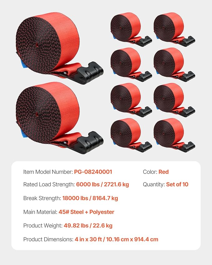 VEVOR Truck Straps, 4" x30' Heavy Duty Tie Down w/Flat Hooks 18,000lbs Break Strength, WLL# 6000lbs, Cargo Straps tie Down for Flatbeds, Trucks, Trailers, Farms, Rescues, Tree Saver, Red(10 Pack)