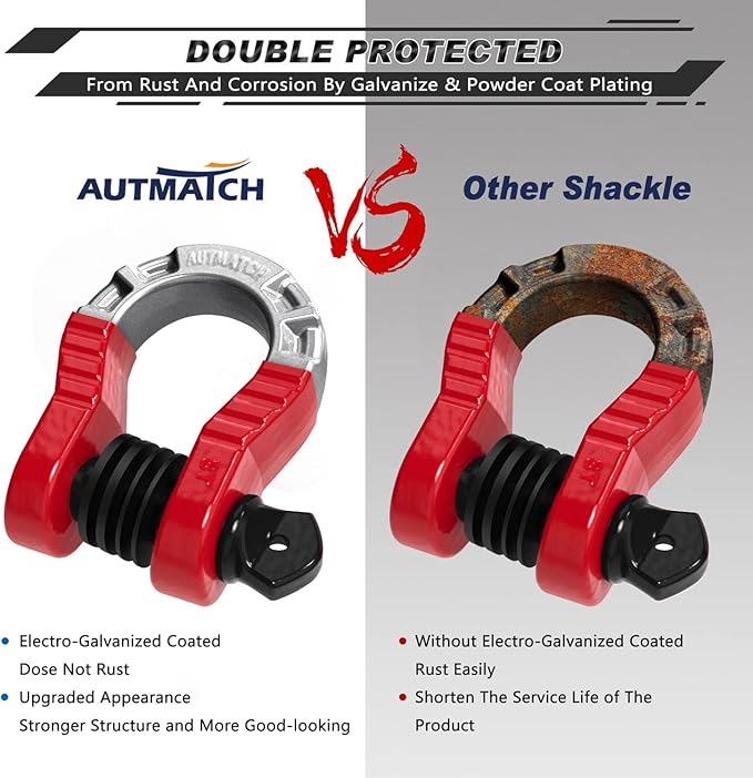 AUTMATCH D Ring Shackles 3/4" Mega Shackle (2 Pack) 68,000Ibs Break Strength - Heavy Duty Clevis Shackle 7/8" Screw Pin & Isolator Washer for Tow Strap Winch Off Road Vehicle Recovery, Red & Black