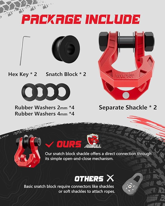 D Ring Separate Shackle with Snatch Block 2 Set, 3/4" Shackles w/Snatch Block Pulley, Heavy Duty Shackle for Towing Winch, Pulley for Off-Road Vehicle Recovery, Truck, ATV, UTV, BlackRed