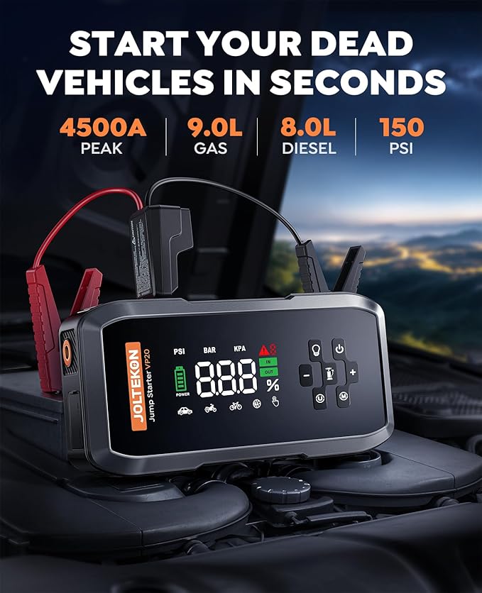 Car Jump Starter with Air Compressor 150PSI, 4500A Battery Jumper Starter Portable(9L Gas/8L Diesel), 12V Jump Starter with Auto-Pause Pump, Jump Box for Car Battery with 10-Safety Protection