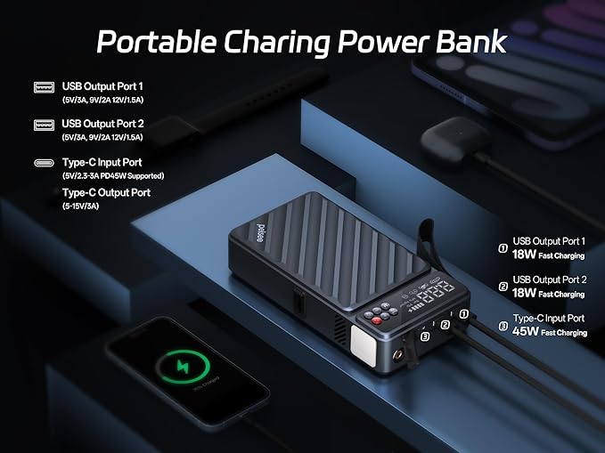 Pelsee 3500A Jump Starter with Air Compressor, 20000mAh Portable Car Battery Jump Starter, 45W Fast Charge, 12V Battery Pack(10L Gas 8L Diesel Engine)with Tire Pressure Monitor, Light,Jumper Cables,E1