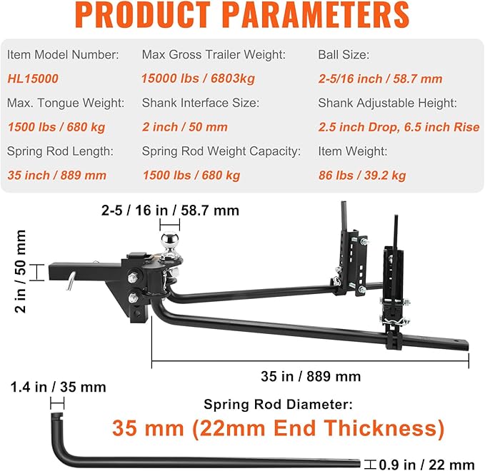VEVOR Sway Control Weight Distribution Hitch, 1,500 lbs Capacity, Trailer Hitch Kit with 2-Inch Solid Steel Shank, 2-5/16 Inch Alloy Steel Ball, Powder-Coated Load Leveling, Black