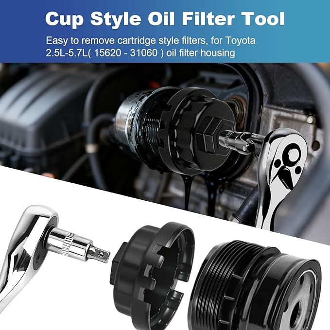 Professional 64mm 14 Flute Oil Filter Wrench for Toyota, Heavy Duty Cap Style Oil Filter Removal Tool Socket for Lexus, Camry, 4 Runner, RAV4, Tundra, Tacoma, Highlander and Scion with 2.5-5.7L Engine