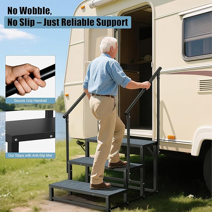 RV Steps with 2 Handrail, 2-Step Heavy Duty Hot Tub Steps, Non-Slip Outdoor Spa Steps for RV, Camper, Trailer, Mobile Home, Porch, Portable Ladder Stairs with Anti-Slip Mats (‎2 Steps with 2 Handrail)