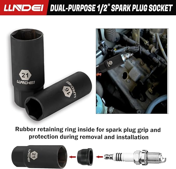 LLNDEI 1/2 inch Drive Deep Impact Socket Set, 37 Piece Standard SAE 3/8" to 1-1/4" | Metric 8 to 24mm, Includes Spark Plug Socket (16, 21mm), CR-MO Universal Joint, Extension Bars and Adapter