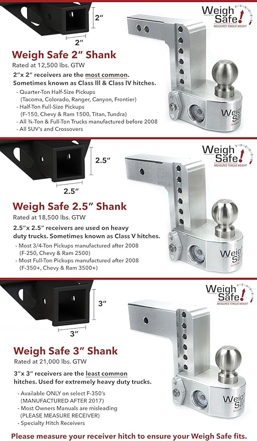 Weigh Safe Aluminum Adjustable Trailer Hitch - Towing Hitch with Built-In Tongue Weight Scale - Compatible with 2" Receivers - 6" Drop, Stainless Steel Tow Balls, 12,500 GTW, 4-Piece Lock Set