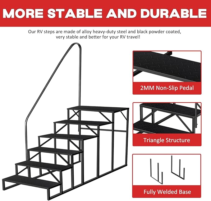 6 Step RV Steps with Handrail, Hot Tub Steps Outdoor, Portable RV Stairs, Heavy Duty Truck Camper Steps Ladders for Travel Trailers, 5th Wheel, Motor Home, Spa, and Porch