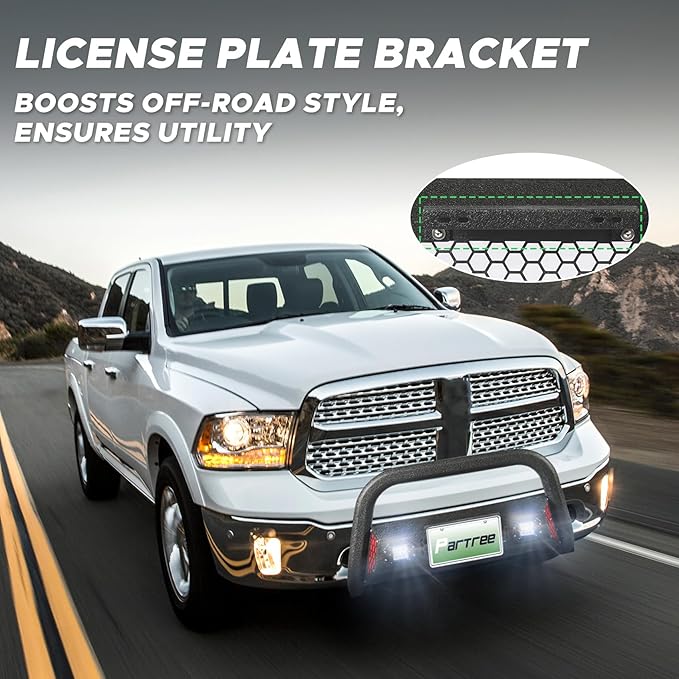 Bull Bar Fit for Dodge Ram 1500 2009-2018 & Ram 1500 Classic 2019-2025((Exl Rebel Warlock Sport) with LED Light,w/License Plate Bracket DIY Paintable Front Bumper Brush Push Bar Grille Guard