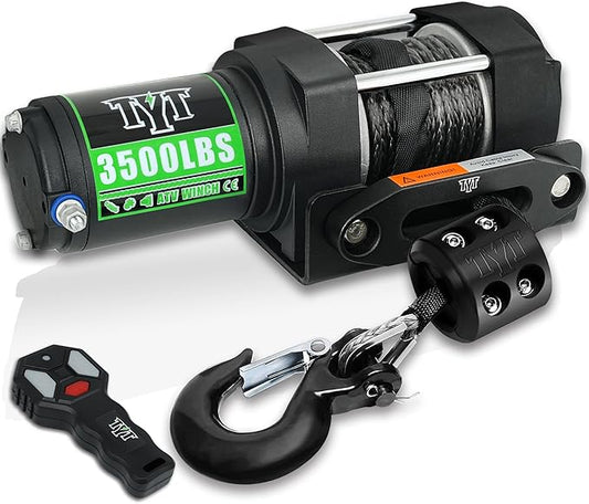 TYT 3500 lb ATV Winch, 12V DC Electric Winch with Wireless Remote and Wired Switch, 7/32"x 30FT Synthetic Winch Rope with Fairlead and Winch Mounting Plate