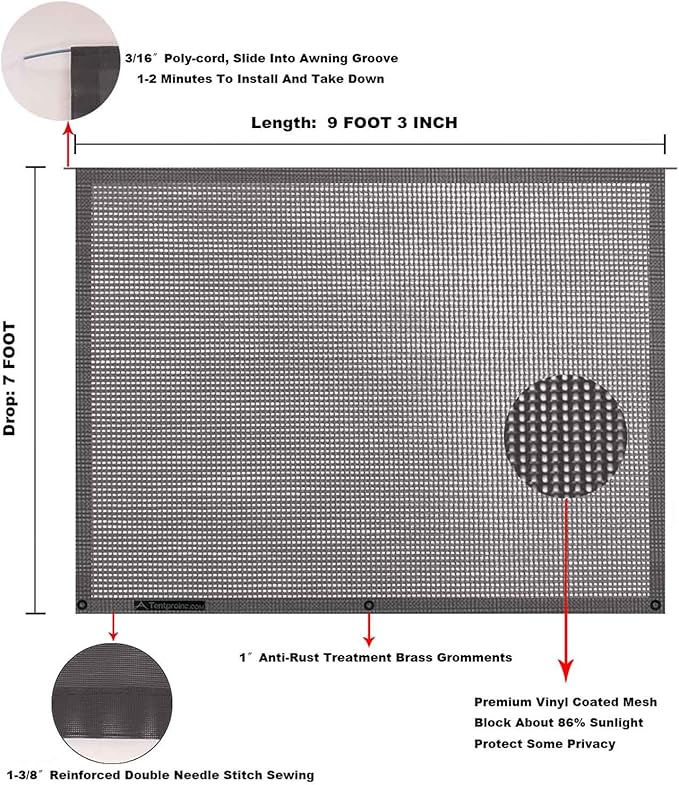 Tentproinc RV Awning Sunshade Screen 7'X9'3''- Brown Mesh Sun Shade Block Patio Front Sun Light Motorhome Camping Trailer UV Sunblocker Canopy Sunscreen-3 Year Lasting