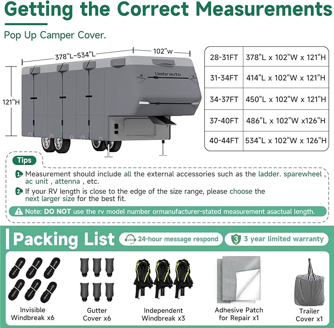 Umbrauto 5th Wheel RV Cover Fits 37ft-40ft Motorhome, Upgraded 7 Layers Top Anti-UV Waterproof Breathable Camper Covers Travel Trailer Motorhome with Extra Windproof Straps