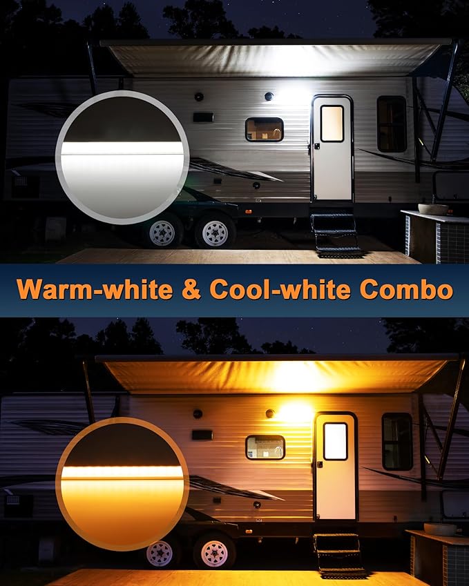 Raycharm 20" RV Camper LED Awning Porch Utility Light Fixture, 40° Down Angle, Amber/White Beam, 12V/24V DC, Waterproof IP67, Plastic Housing Black Finish, 2-Pack