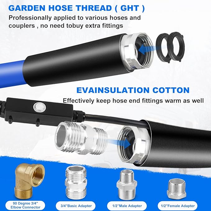 BHB Upgraded 75 FT Heated Water Hose 5/8" ID Compatible with RV -45 ℉ Antifreeze Energy Saving Thermostat RV Accessories, with 4 Types of Adapters